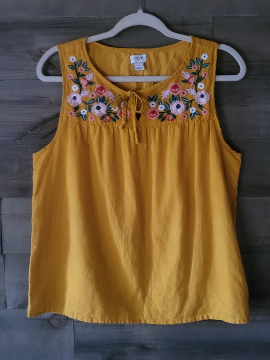 J. Crew Tops - J. Crew Linen Cotton Sleeveless Yellow Top With Floral Embroidery Size M